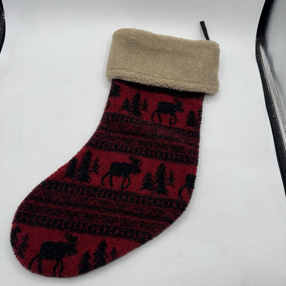 Vtg Woolrich Rustic Red Fleece Moose Tree Print Christmas Stocking USA Made 22"